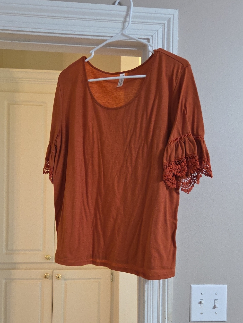 PerSeption Concept Rust Scoop Neck Top with Crochet Trim Sleeves
